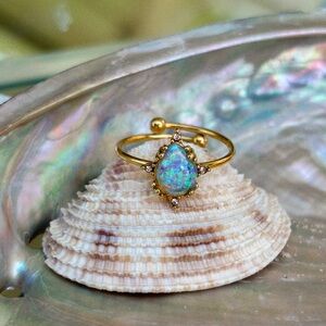 18K Gold Tarnish Free Adjustable Blue Opal Ring